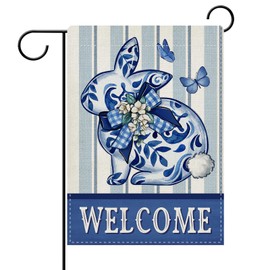 Dyrenson Welcome Easter Chinoiserie Bunny Decorative Garden Flag, Blue and White Porcelain Rabbit Yard Outside Home Decorations, Spring Butterfly Burlap Outdoor Small Decor Double Sided 12 x 18