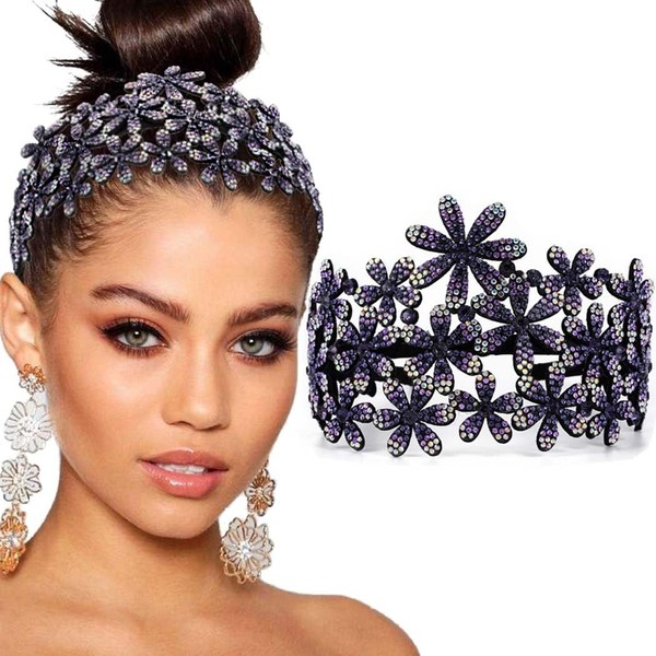 Bouory Rhinestone Wide Headband Glitter Flower Hairband Crystal Turban Head Bands Non Slip Headhoop for Women and Girls (Light purple)