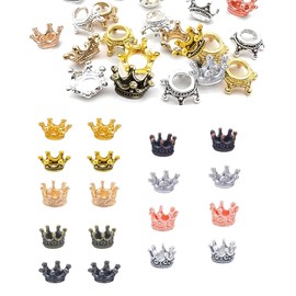 QLEUIFT 9 Colours 90 Pieces Small Golden Crown Mini Crown Charms, Vintage Tibetan Style Alloy Beads Cap Pendant Charms, for Crafts, DIY Crown Jewellery