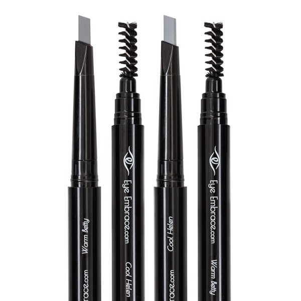 Eye Embrace Light Gray Eyebrow Pencils: Warm Betty & Cool Helen 2 Pack Bundle - Waterproof, Double-Ended Automatic Angled Tip & Spoolie Brush, Cruelty-Free