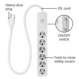 GE 6-Outlet Surge Protector, 2 Ft Extension Cord, Power Strip, 450 Joules, Twist-to-Close Safety Covers, UL Listed, White, 33656