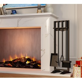 Fire Beauty Fireplace Tools Set 5 Pieces Fireside Accessories Fire Kit Stand Woodstove Tools Holder Wrought Iron Handle Indoor Fireset Stand