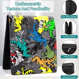 EXXBYELI Boys Wallet Funny Leather Cute Dinosaur Wallets Credit Id Card Cash Holder Black Rfid Blocking Zipper Aesthetic Cool Pattern For Teen Boys Male Youth Guys Men Teenager