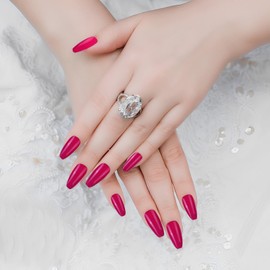 Cobee Plain Press On Nails, 24 Pieces Coffin Fake Nails, Shiny, Conical Shape, Medium Length Cover Ballerina Removable False Nails for Women and Girls Nail Art DIY Set (Red)