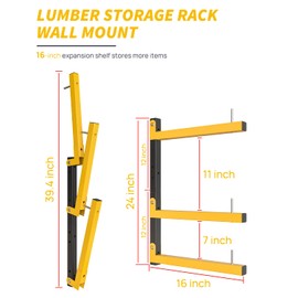 Lumber Rack Wall Mount Storage Racks Folding Wood Organizer Heavy Duty Shelf Brackets With 3-Level 360 Lbs Capacity Yellow Metal Utility Racks Garage Wall Shelving for Indoor and Outdoor Use (2 Pack)