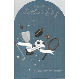 Sports Theme Father's Day Card, Trophy and Sports Equipment Design, Blue