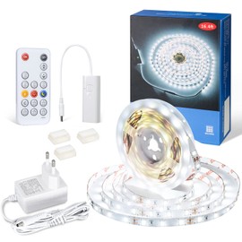 WOBANE LED Strip 5 m Set, LED Strip White Dimmable, Super Bright 6000 K Cool White LED Strip with RF Remote Control, 300 LEDs, LED Strip Light with 12 V Power Supply, for Mirrors, Kitchen, Cabinet,