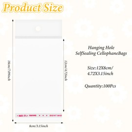 Mabor 100Pcs Cookie Packaging Bags, 3.15 x 4.72" White Hanging Hole Header Clear Flat Bags for Candies Bakery Goods Small Goodie Treats Earring Jewelry Organization Self Sealing Adhesive