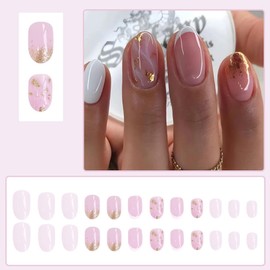 Short Press on Nails Almond Fake Nails White French Tip False Nails with Gold Glitter Design Glue on Nails Pink Full Cover Stick on Nails Cute Acrylic Nails Artificial Nails for Women Manicure 24Pcs
