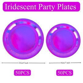 CEILIWEN Iridescent Paper Plates, Holographic Round Disposable Plates 50PCS 9" Dinner Plates and 50PCS 7" Side Plates, Iridescent Party Plates, Holographic Party Supplies (Iridesent Purple)