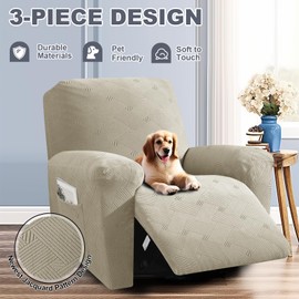 JIVINER Recliner Chair Covers, Jacquard 3 Piece Slipcovers for Recliner Chair Soft Stretch Lazy Boy 1 Seater Reclining Protector with Pockets (Recliner, Khaki)