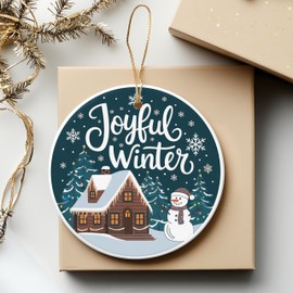 Joyful Winter Round Ceramic Ornament 3 inches Featuring a Cozy Cabin, Snowman, and Twinkling Lights in a Whimsical Winter Scene