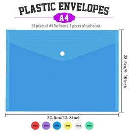 Pack of 24 Document Folders, A4 Document Bag, Transparent with Press Stud, Colour Document Bag, Waterproof Plastic Organiser Bag for Home, School, Office, Document Storage, 6 Colours