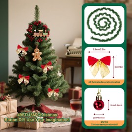 NefLaca 15 m lange Weihnachtsgirlande mit 45 Weihnachtsschleifen, 45 Weihnachtskugeln, Dekoration, künstliche Kieferngirlande für den Innen- und Außenbereich, Haus, Garten, Urlaub, Hochzeit, Party