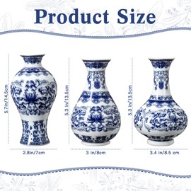 Set of 3 Small Blue and White Chinoiserie Vases Wall Mounted Vases Decorative Ceramic Flower Vases 5.3 Inch 5.7 Inch Classic Vase for Home Decor