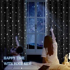 BGment Moon and Stars Blackout Curtains for Kids Bedroom, Grommet Thermal Insulated Room Darkening Printed Nursery Curtains, 2 Panels of 42 x 63 Inch, Greyish White