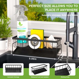 VANZBON Sink Caddy Sponge Holder for Kitchen Sink with Stainless Steel Self Drain Tray, Rustproof Kitchen Sink Organizer for Sponge, Soap Dispenser Storage Kitchen Accessories, Black