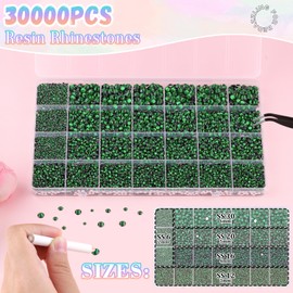30000Pcs Resin Rhinestones for Bedazzling with 3Pcs B7000 Jewelry Glue, Emerald Green Flatback Gems Rhinestones for Crafting, Clothing Tumblers Mugs Shoes Fabric Decor Nail Art