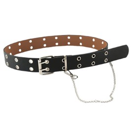 Chaungfu Women's 100x3.8cm PU Leather Double-Grommet Belt with Chain - Punk Rock Style, Adjustable, Black