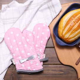 NEOVIVA Kitchen Oven Mitts for Kids, Heat Resistant Cotton Oven Gloves Set of 2 for Cooking Baking, Kitchen Gloves for Farmhouse Restaurant, Polka Dots Pink
