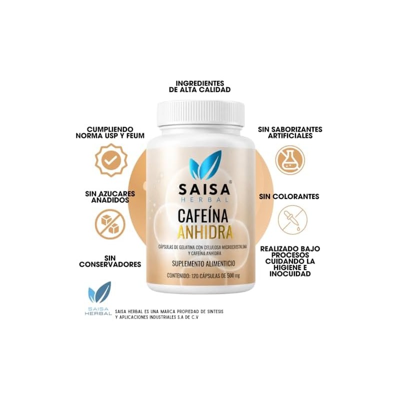 Cafeína Anhidra 200 mg Con 120 Cápsulas Saisa Herbal