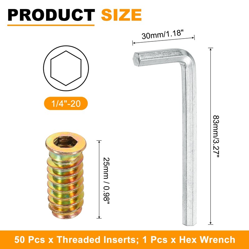 sourcing map 50 Pcs Threaded Insert for Wood, 1/4" -