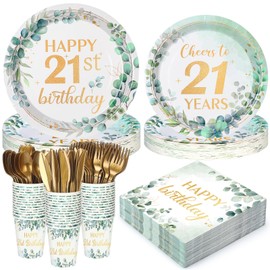 Yungyan 252 Pcs Sage Green 21st Birthday Tableware Decorations Eucalyptus Happy 21 Birthday Party Supplies Greenery Disposable Boho Plates, Napkins, Cups, Spoon, Forks and Knives
