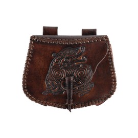 Battle-Merchant Medieval Belt Bag with Various Embossing Leather Bum Bag for Men and Women in Brown/Black Viking Reenactment Leather Case for Belt, Dragon, medieval belt bag