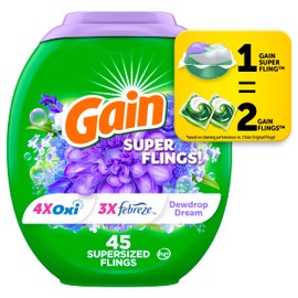 Gain Super Flings Laundry Detergent Pacs, 45 Count, Dewdrop Dream scent, clean and fresh washing detergent laundry soap pacs