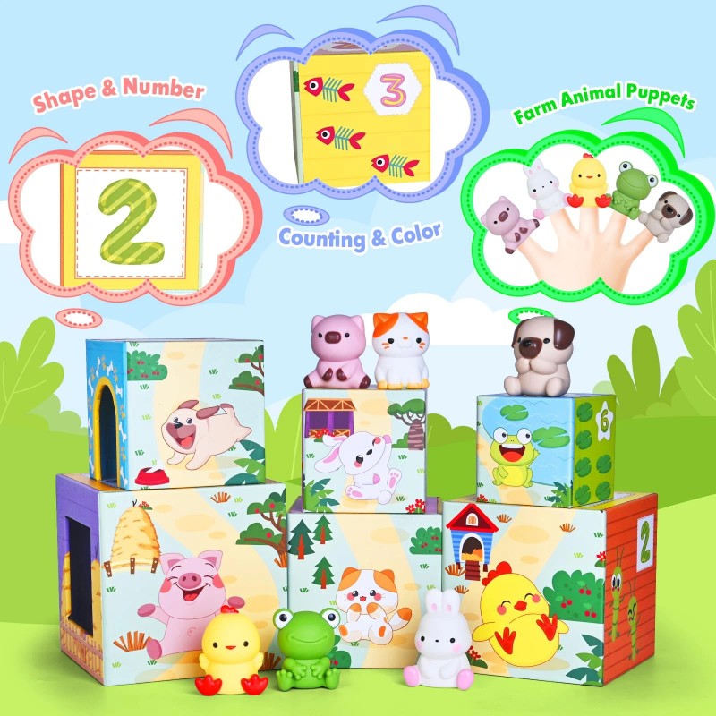Shylizard Toddler Farm Animal Sorting and Stacking Toys, Nesting Boxes