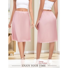 Vlazom Women's Underskirt Long Petticoat Satin Elegant Skirt Long with Lace Hem Invisible Underdress Silky Touch (L, Light Pink)
