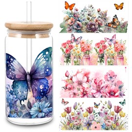 5 Sheets Flower UV DTF Cup Stickers, Glass DTF Transfer Stickers, Waterproof Wipe Transfer Paper, Suitable for 16 oz Glass, Cups, Crafts, Furniture (Style6-5 Sheet)
