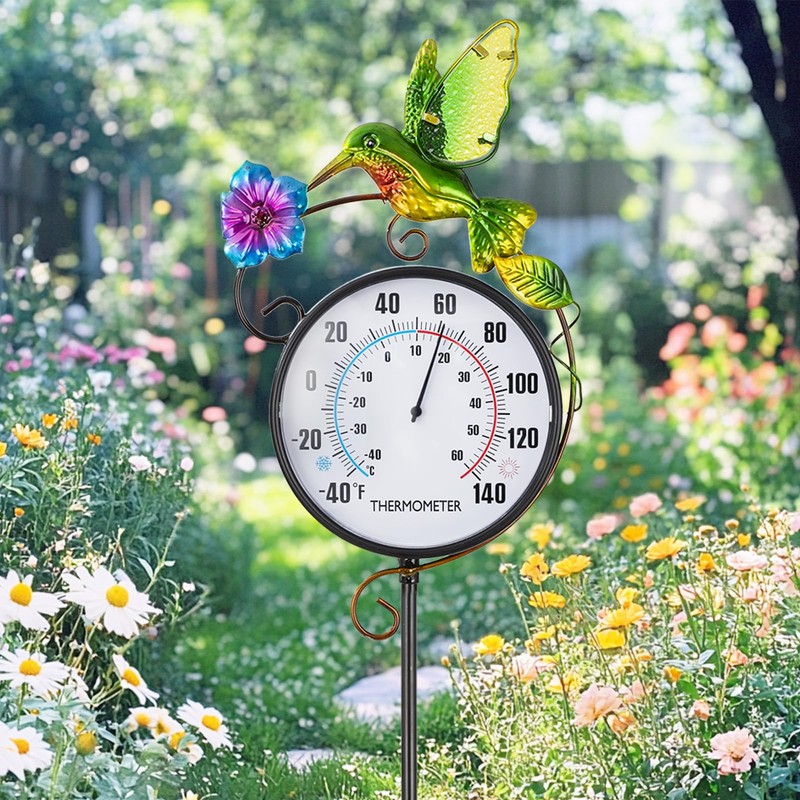 Outdoor Indoor Wall Thermometer with Hummingbird Metal Stake Outside Waterproof