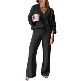 ANRABESS Women's 2 Piece Outfits Sweater Lounge Sets V Neck Knit Pullover Wide Leg Pants Tracksuit Sweatsuit 2024 Fashion Black Medium