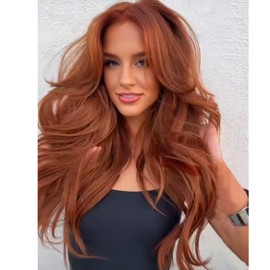 Aisaide Auburn Wig with Bangs Long Wavy Copper Red Layered Wig with Curtain Bangs for White Black Women,Synthetic Reddish Brown Layered Long Wavy Shaggy for Women 24inch