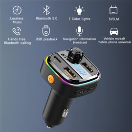 QUMOX Bluetooth 5.0 Car FM Transmitter C26 with Hands-Free Calling, USB-C Fast Charging, 7-Colour Ambient Light, MP3/WAV/FLAC Playback, Dual USB Ports, Compatible with 12V–24V Vehicles
