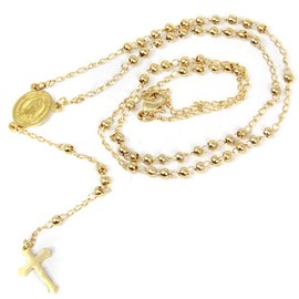SM Stainless Steel Gold Silver Rosary 3mm-8mm CCB Beads Cross Y Necklace 20”-30” Chain for Women Men (4mm 26" - Gold)