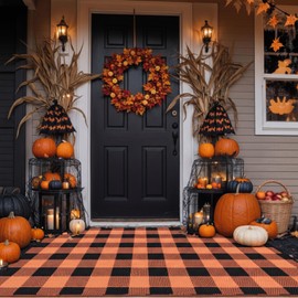 Tinideya 4' x 6' Thanksgiving Plastic Straw Outdoor Rug Waterproof Plaid Buffalo Front Doormat Porch Mat Patio Deck Mat for Outside Indoor Garden Lawn Balcony Holiday Decorations(Orange and Black)