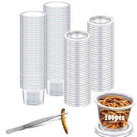 Small Reptile Food Plastic Replacement Cup Worm Water Dish Feeder Lizard Gecko Ceramic Pet Bowls with Tongs for Tortoise Lizard Bearded Dragon Frog Leopard Gecko Snake Chameleon(1 oz, 100PCS)