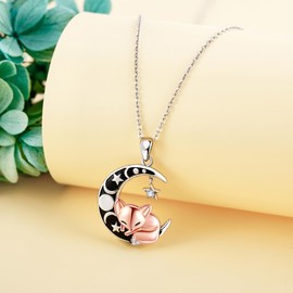 DAYLINLOVE Fox Necklace 925 Sterling Silver Cute Fox And Moon Pendant Necklace Jewelry Gifts for Women Mom Fox Lovers