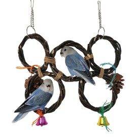 Elvaesther Birds Parrots Hand-Woven Hanging Ring Perch Stand Bird Swing Climbing Toy with Bells Pine Cones Cage Supplies 5 Rings (Double Row)