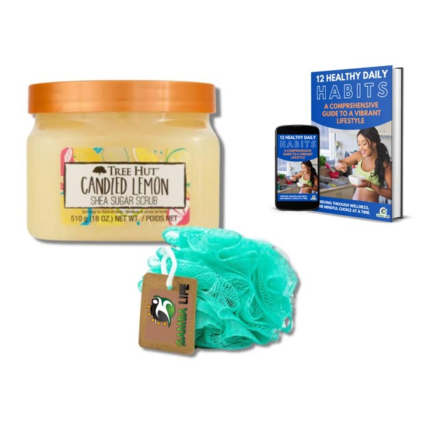 Tree Hut Sugar Scrub Candied Lemon Bundle with Samba Life Mesh Bath and Shower Sponge for a Exfoliating Body Scrubber and eBook.