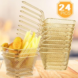 Potchen 24 Pcs Mini Square Fry Basket Stainless Steel French Fries Holder Deep Fryer Baskets Square Mesh Food Holder with Handles Small Serving Basket for Kitchen Restaurant Cafe Barbecue (Gold)