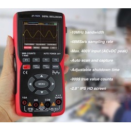 2 in 1 Handheld Digital Oscilloscope, Single Channel Oscilloscope Multimeter w/Probe, 10MHZ Bandwidth, 48MSa/s Sampling Rate, DC/AC Volt Ohm Amp Meter Tester, Auto Calibration (ZT-702S)