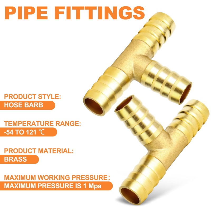 GASHER 10Pcs Brass Hose Barb Tee, 3-Way Tee Hose Fitting