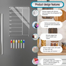 Todkoding 9"X13" Acrylic Weekly Planner for Fridge,Clear Meal Planner for Refrigerator,Magnet Weekly Calendar for Fridge,Acrylic Magnetic Menu Board for Kitchen with 6 Markers