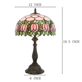 Tiffany Lamps Pink Tulip Style Stained Glass Table Lamp Desk Bedside Reading Light 12X12X18.5 Inches with Bronze Resin Base Applicable to Bedroom Living Room Office