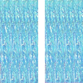 AILEXI Pack of 2 Foil Fringe Shimmering Curtains Door Window Decoration Streamers for Party Supplies 1x2M - Transparent Blue