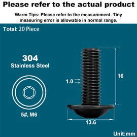 Drenky M6 X 16mm 20 Pcs Black Flanged Button Head Screws 304 Stainless Steel Pan Fully Thread Machine Screw with Flat Head, Rustproof, Rounded with Flange And Hexagon