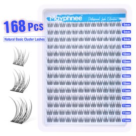 Natural Cluster Lashes Kit 168 Pcs Wispy Lash Extensions CC Curl 9-11MM Mixed Lengths Eyelash Extension Individual Kit with Lashes Bond and Seal and Tweezers DIY at Home by Mavphnee